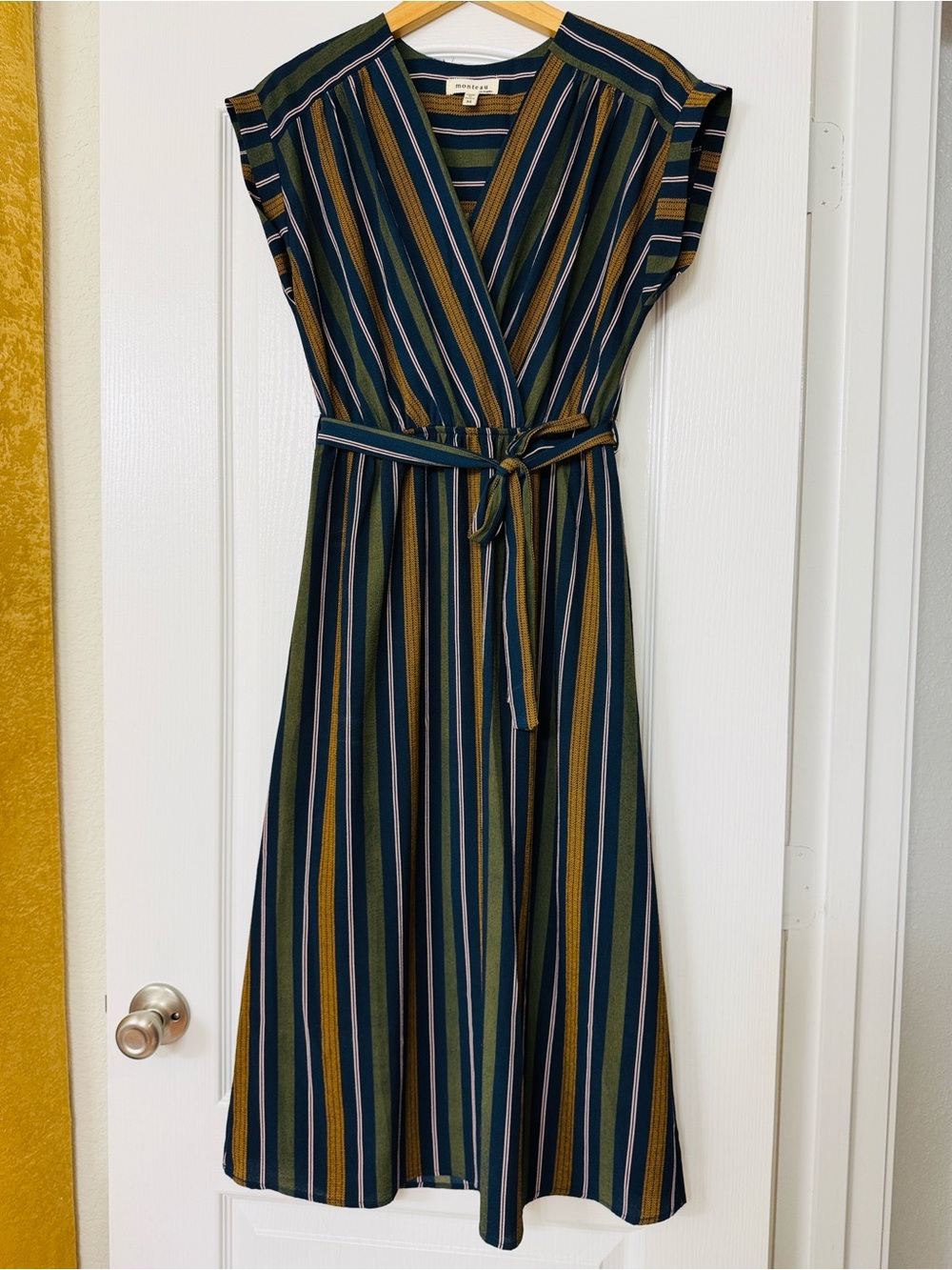 Monteau • Striped Midi Dress Surplice Tie Waist Navy Olive Mustard Cap Sleeves